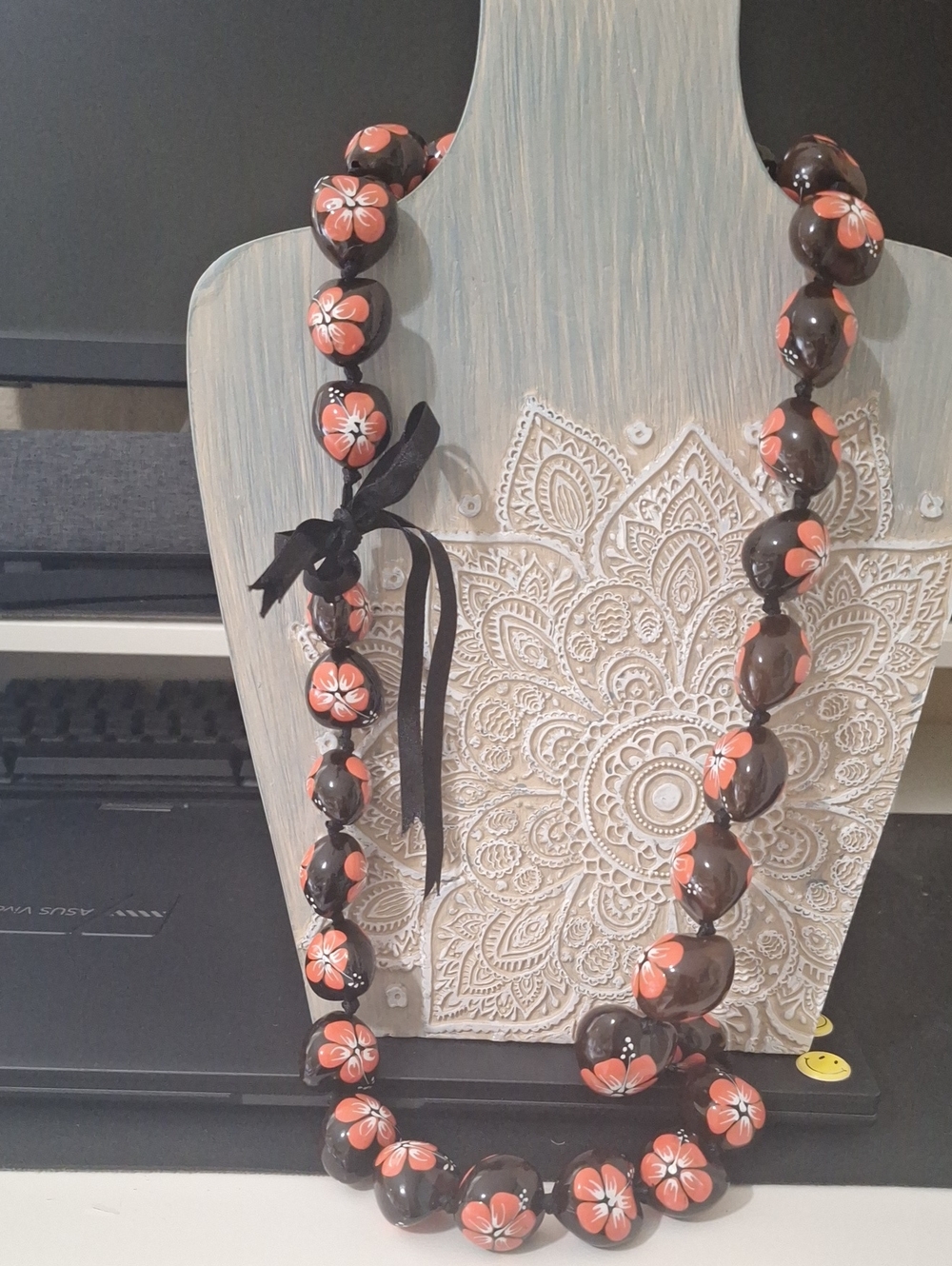 Hand-Painted Black and Coral Floral Necklace - Women Jewelry